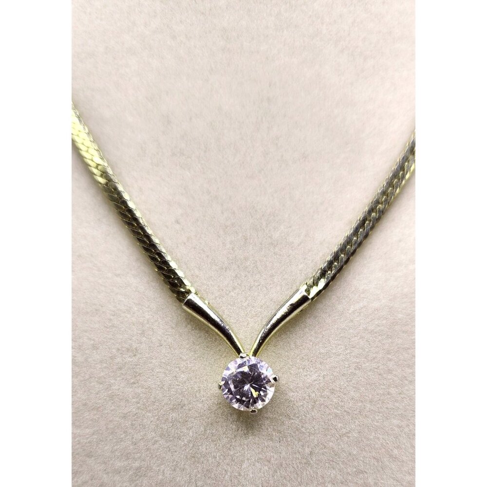 Solitaire Cubic Zirconia Prong Set  15" V Shape Necklace